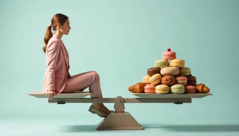 a large laboratory balance scale, with a thin beautiful professional mature woman sitting on one side, and a pile of large dessert items on the other side.
